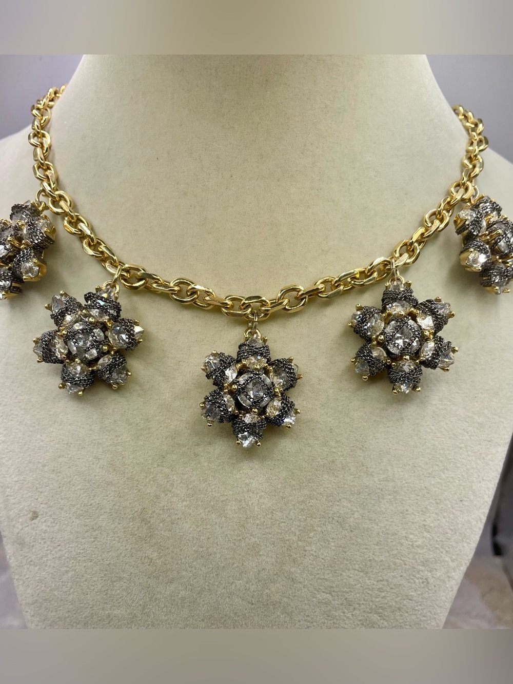 Vintage Ann Taylor Gold and Clear Crystal Floral Charm Necklace